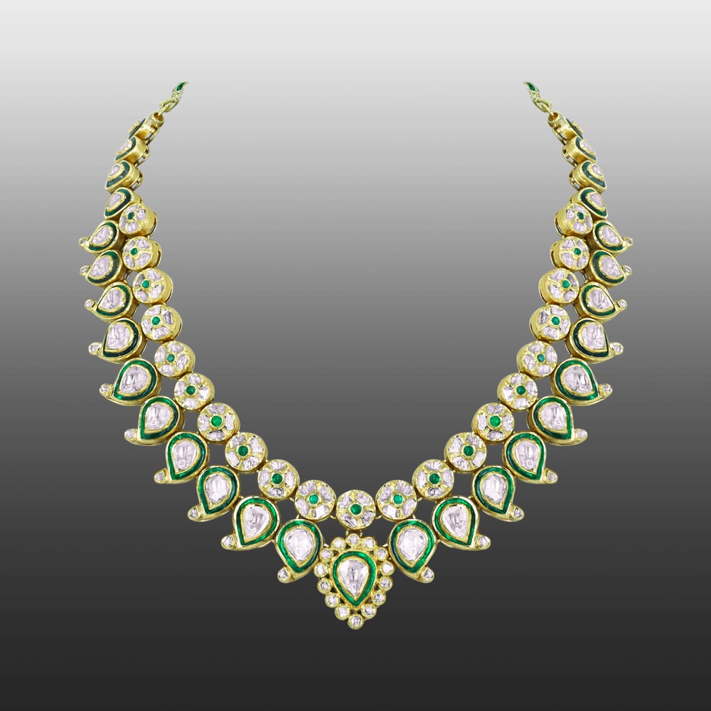 Green Enamel Polki Necklace with Bud Design